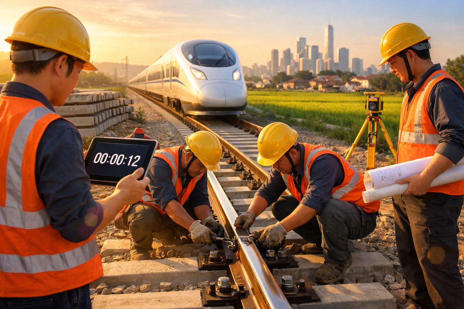 Quatro trabalhadores com capacetes amarelos e coletes laranja realizam manutenção em trilhos com trem de alta velocidade ao f