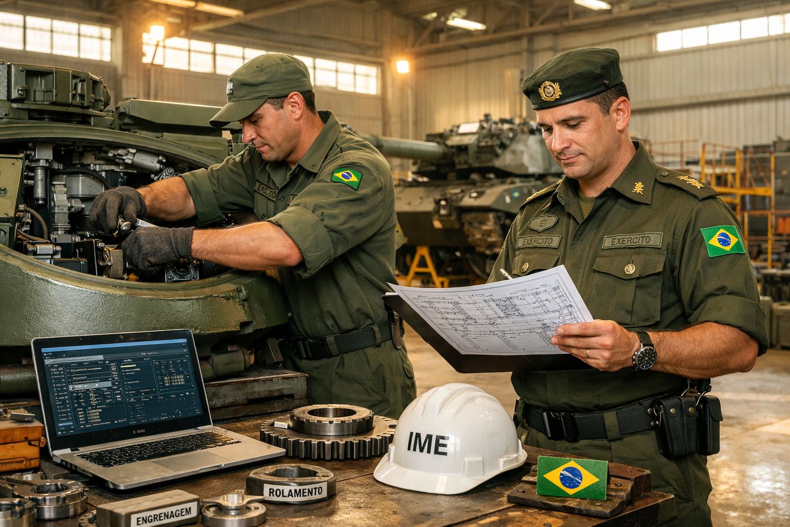 Dois soldados trabalhando na manutenção de veículo militar dentro de oficina, com computador e capacete IME na mesa.
