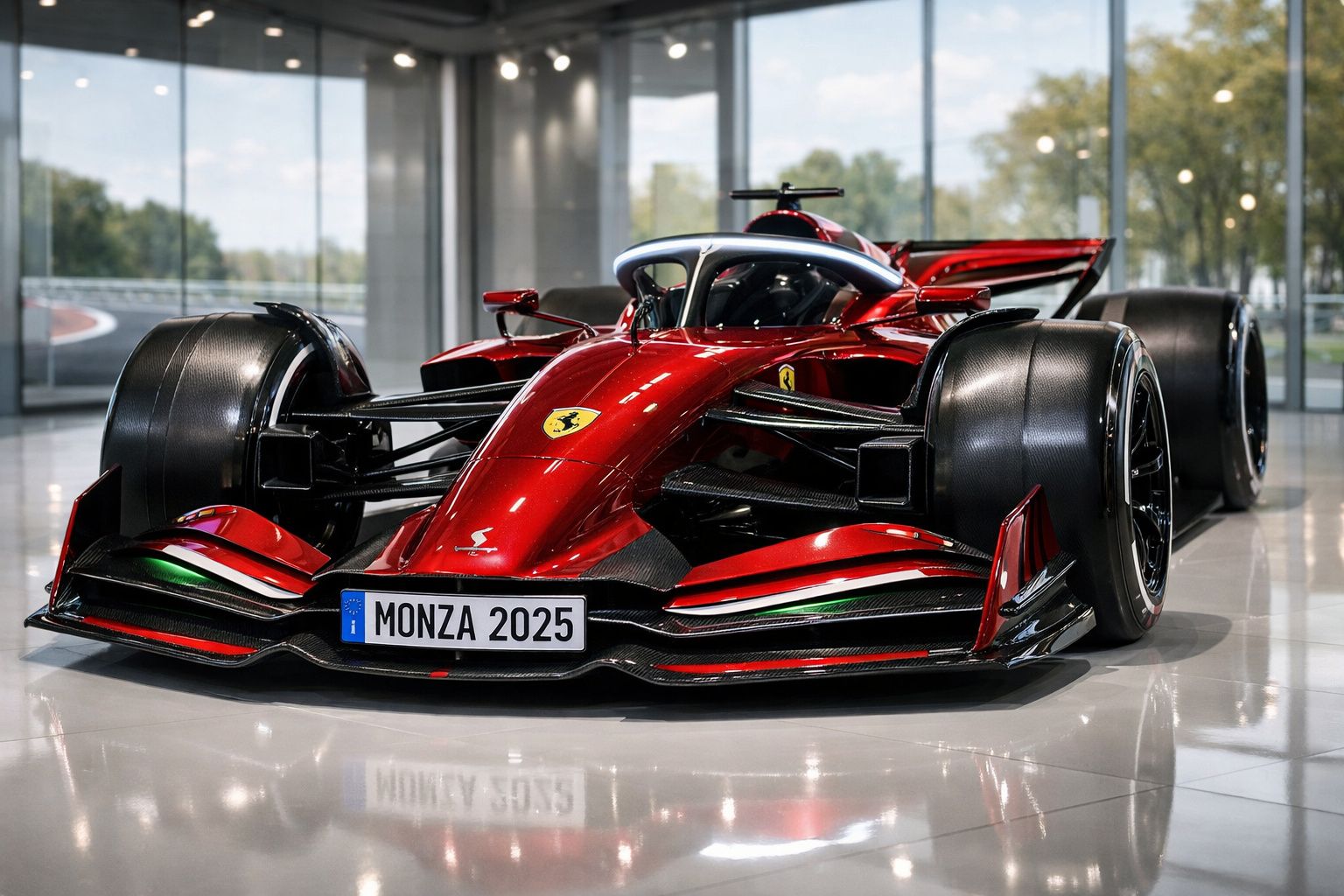 Carro de corrida Ferrari vermelho Monza 2025 exibido em showroom moderno com refletores no teto.