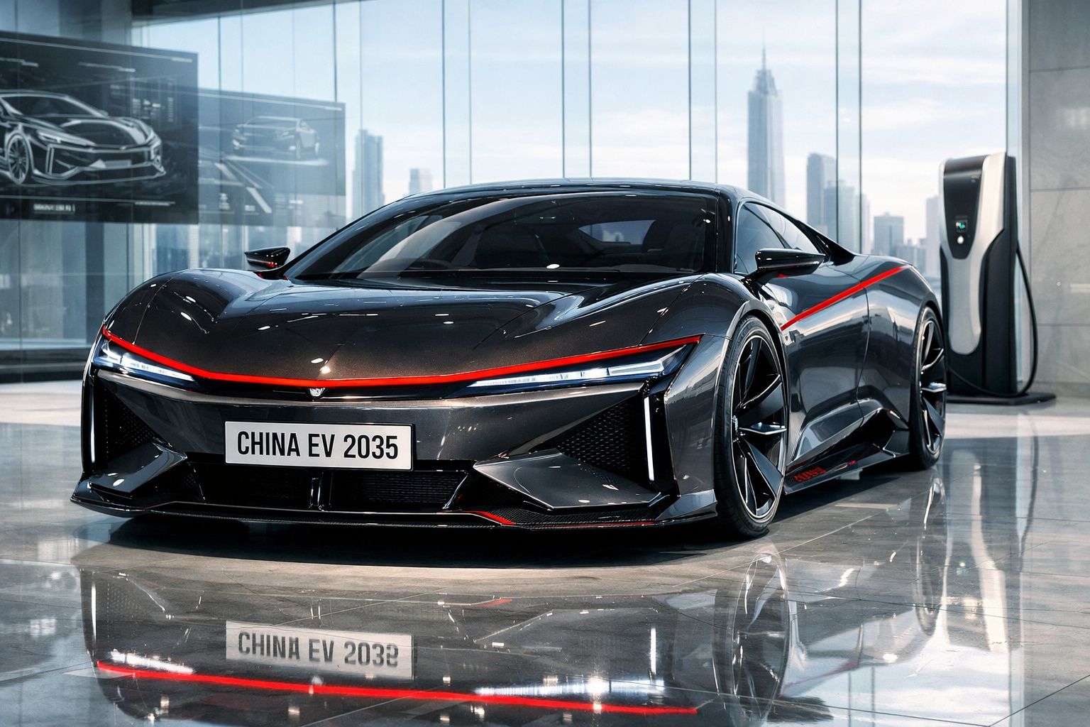 Carro esportivo elétrico preto com faixa vermelha, exibido em showroom moderno com piso brilhante.