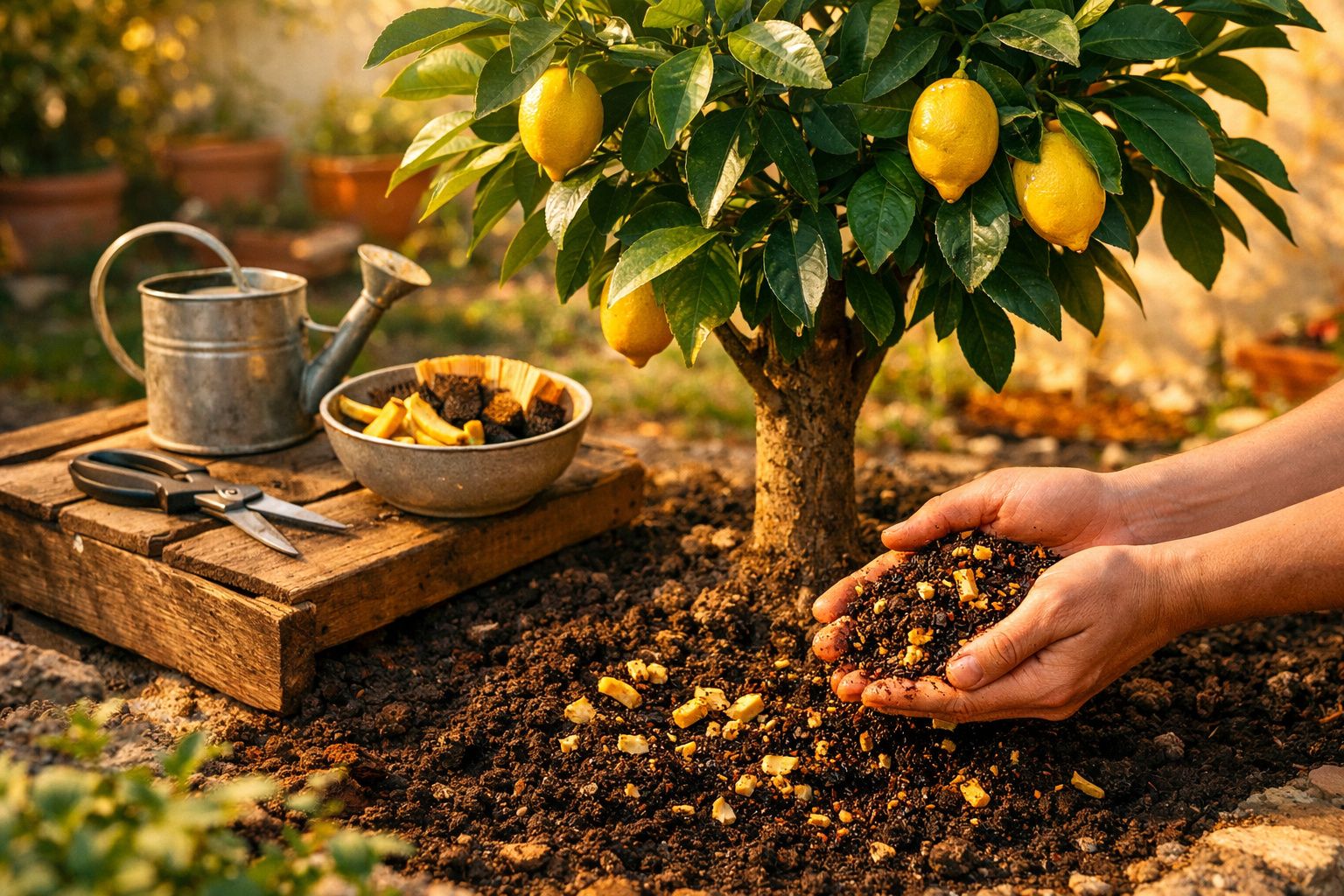 Mãos colocando composto orgânico próximo a um pé de limão com frutos em solo de jardim.
