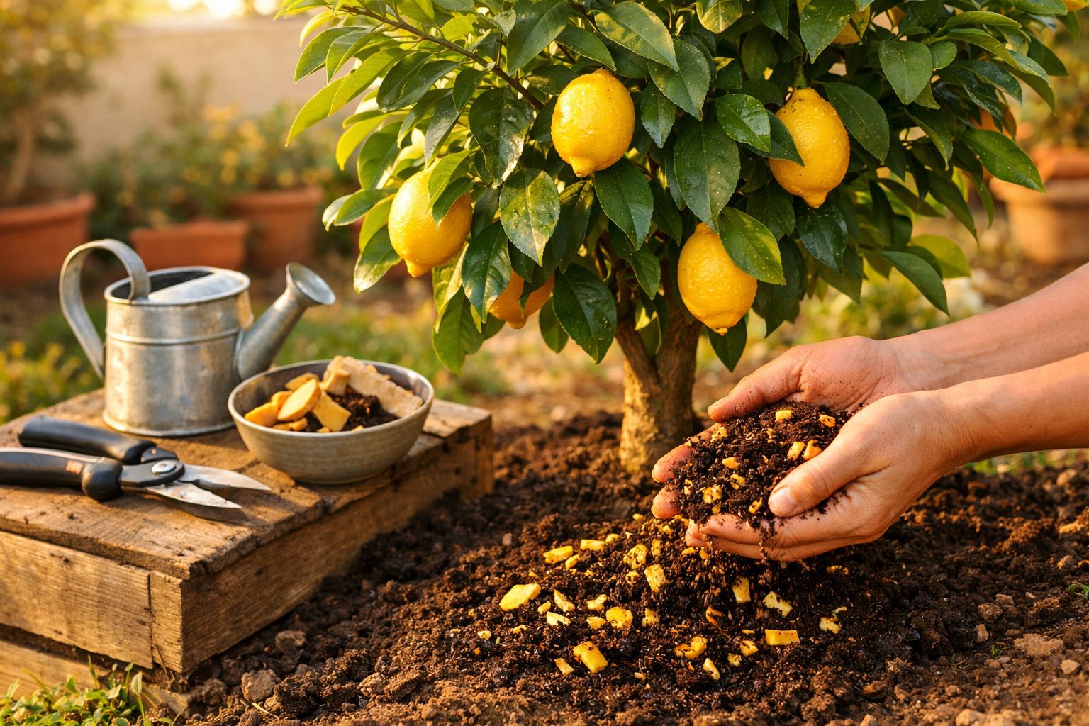 Mãos adicionam composto ao solo próximo a uma árvore de limão com frutos maduros em um jardim ensolarado.