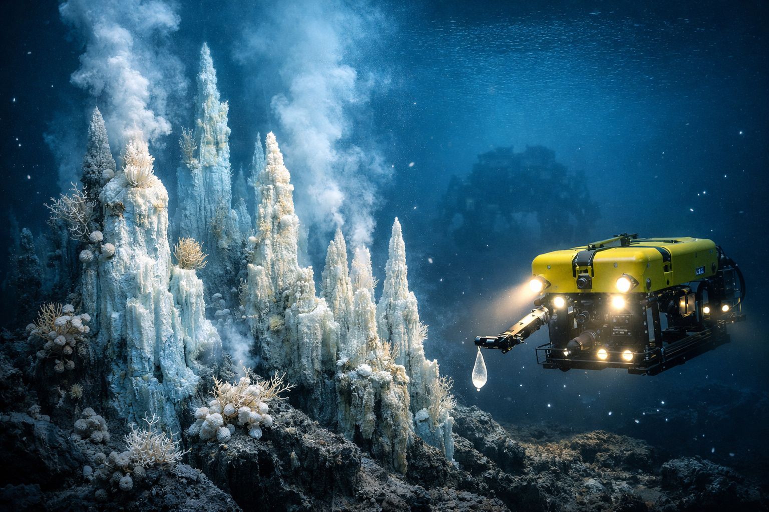 Veículo submersível amarelo explorando fontes hidrotermais em ambiente marinho profundo.