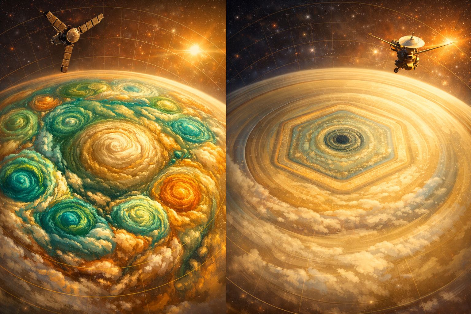 Ilustração de duas sondas espaciais orbitando nuvens coloridas em formas espiral e hexagonal no espaço.