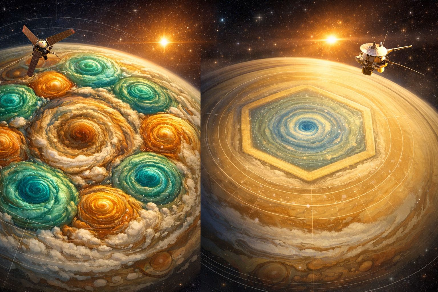 Representação artística da atmosfera de Júpiter com tempestades hexagonais e ciclones coloridos, sondas espaciais próximas.