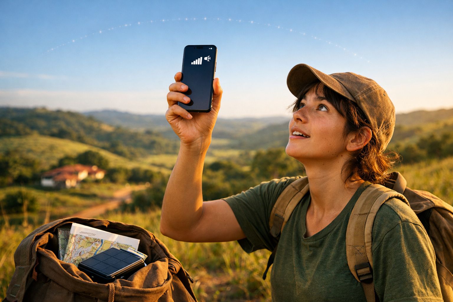 Mulher com boné segura celular procurando sinal em área rural com mochila e mapas ao lado.