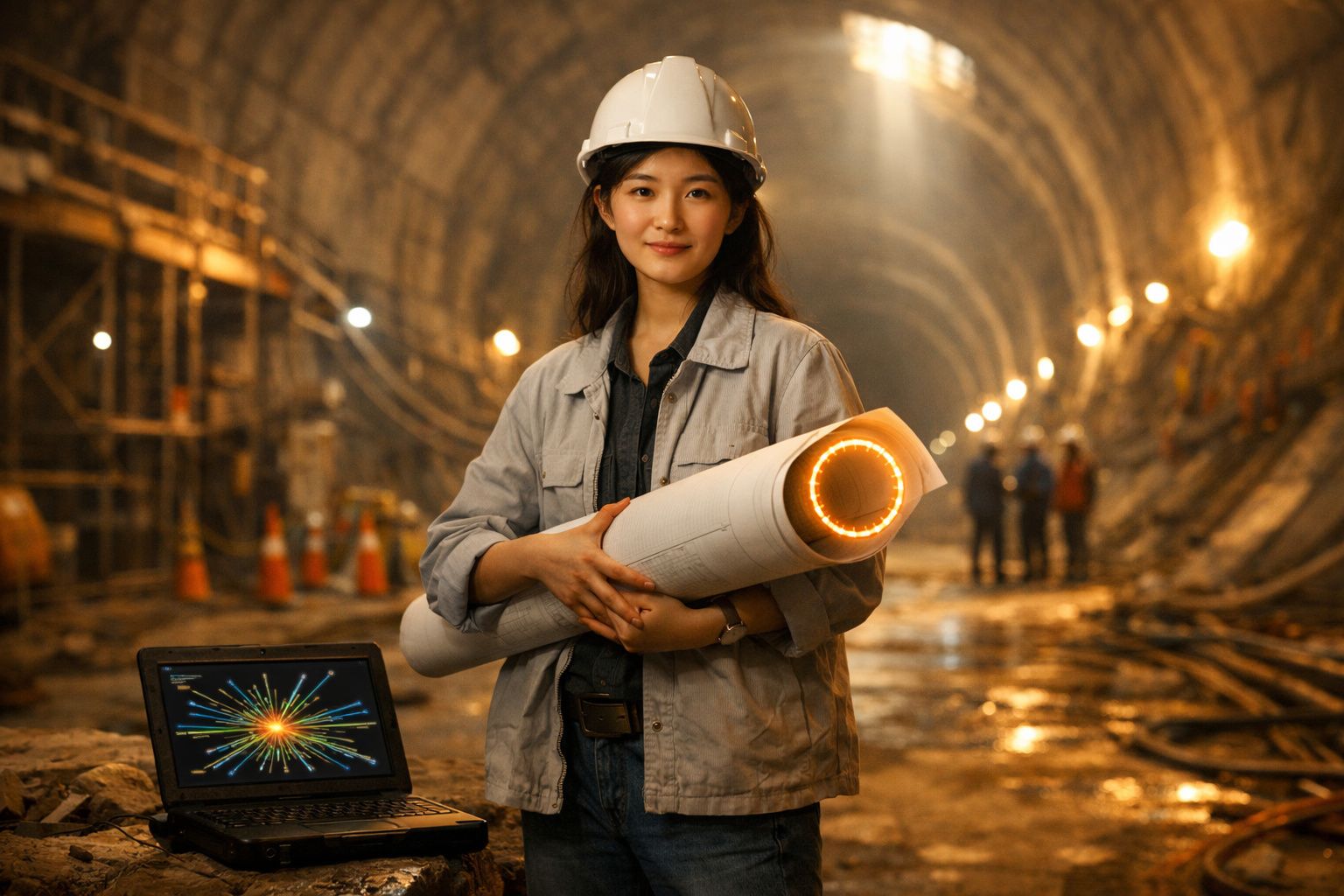 Engenheira de segurança com capacete e planta na mão em túnel em construção iluminado.