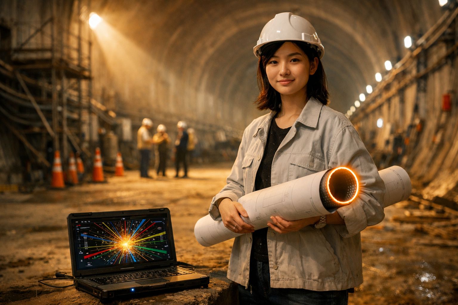 Mulher engenheira com capacete e projeto na mão em obra de tunelamento com laptop ao lado.