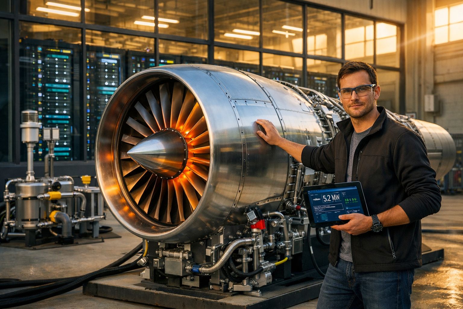 Engenheiro em laboratório com tablet ao lado de motor a jato industrial e servidores ao fundo.