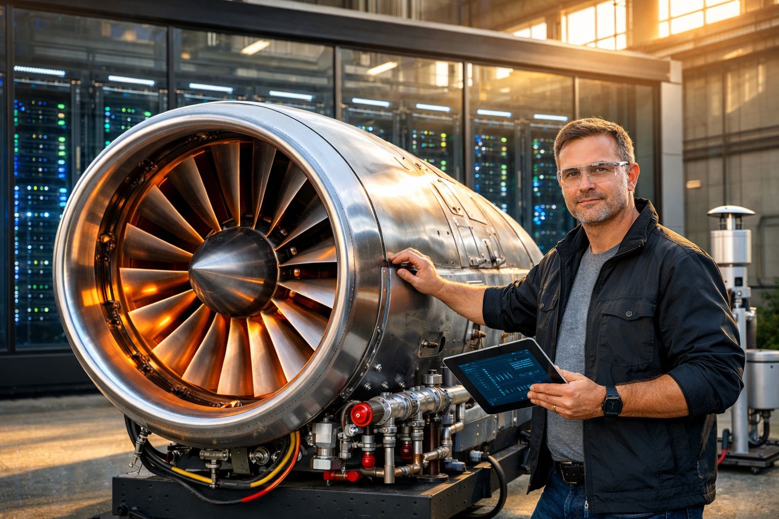 Engenheiro inspecionando turbina de motor a jato com tablet em ambiente industrial moderno.