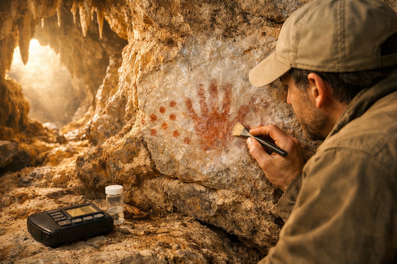 Homem analisando pintura rupestre de mão vermelha dentro de uma caverna rochosa iluminada.
