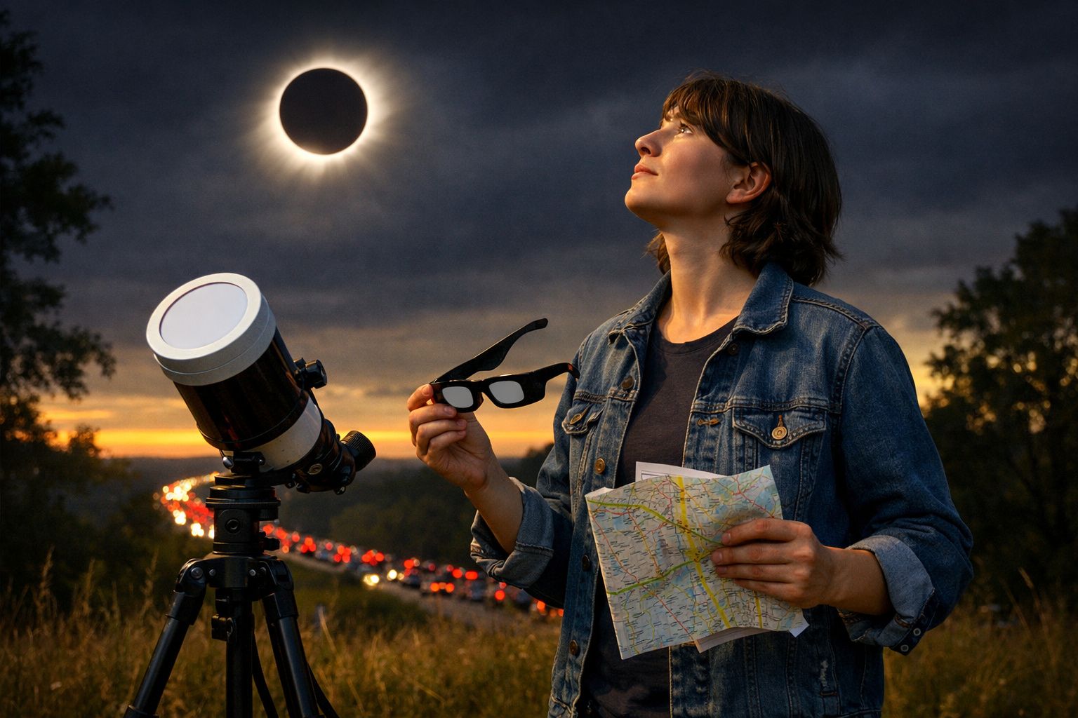 Mulher observa eclipse solar segurando óculos especiais e mapa, com telescópio ao lado ao entardecer.