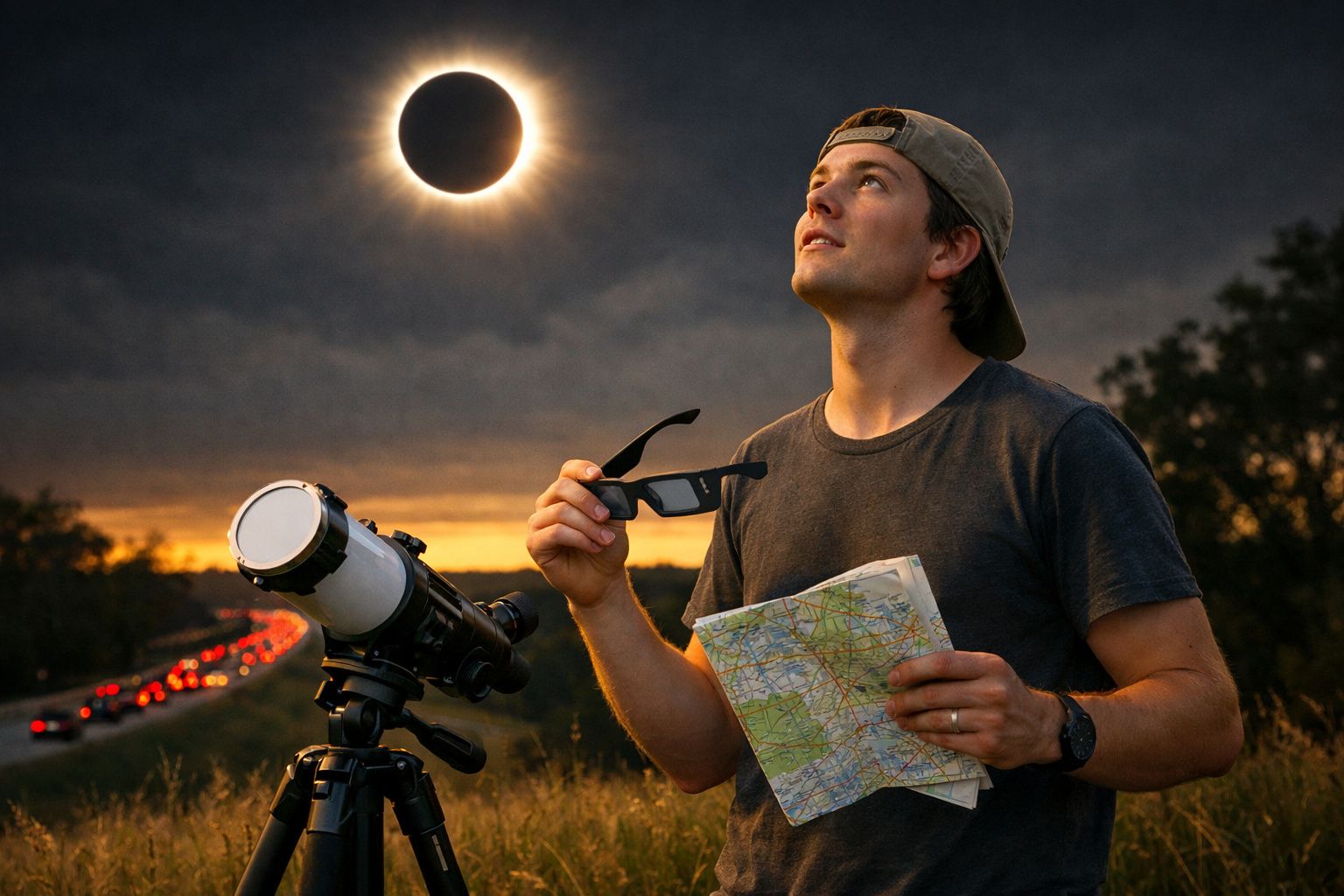 Homem observa eclipse solar com óculos especiais, segurando mapa ao lado de telescópio ao entardecer.
