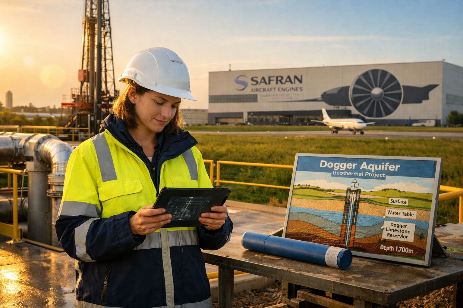 Mulher com capacete e colete refletivo analisa tablet em área industrial perto de placa sobre projeto geotérmico.
