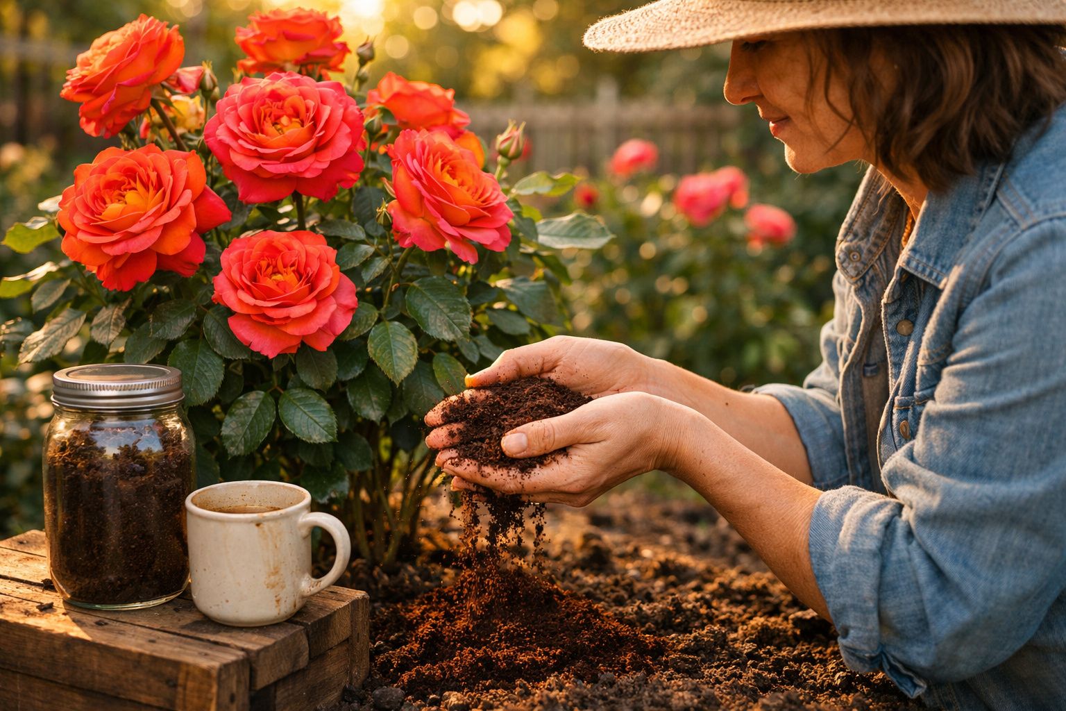 Pessoa segurando terra de chá feito com borra de café perto de rosas laranjas em um jardim.