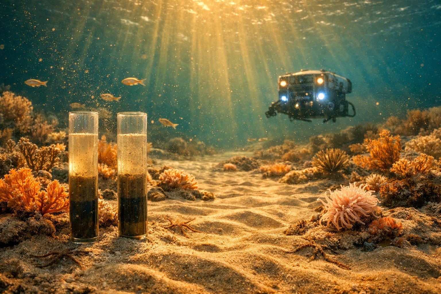 Veículos subaquáticos exploram fundo do mar com corais laranja e amostras em tubos de ensaio.