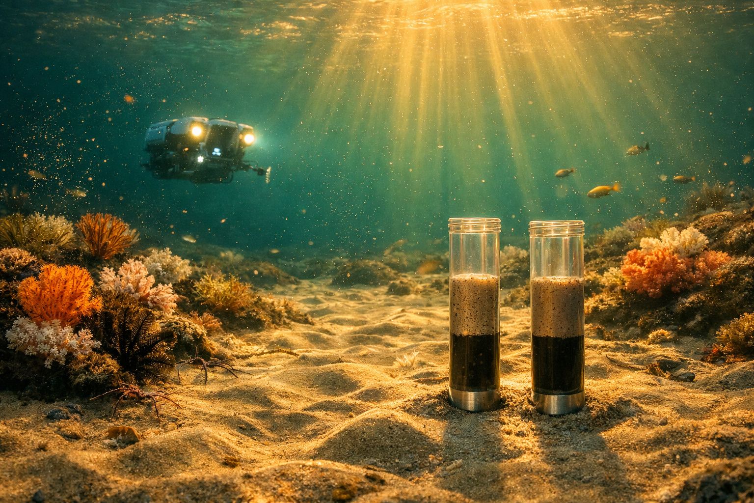 Veículo subaquático iluminado observa amostras em tubos no fundo do mar com corais coloridos e peixes pequenos.