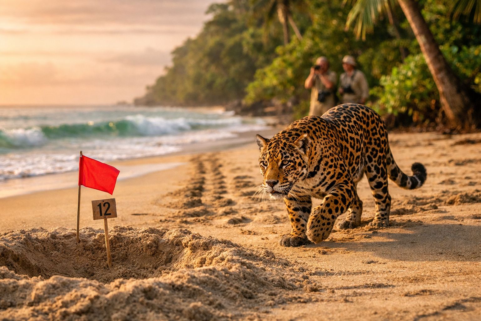 Onça-pintada caminhando na praia perto de um ninho assinalado com uma bandeira vermelha e placa número 12.