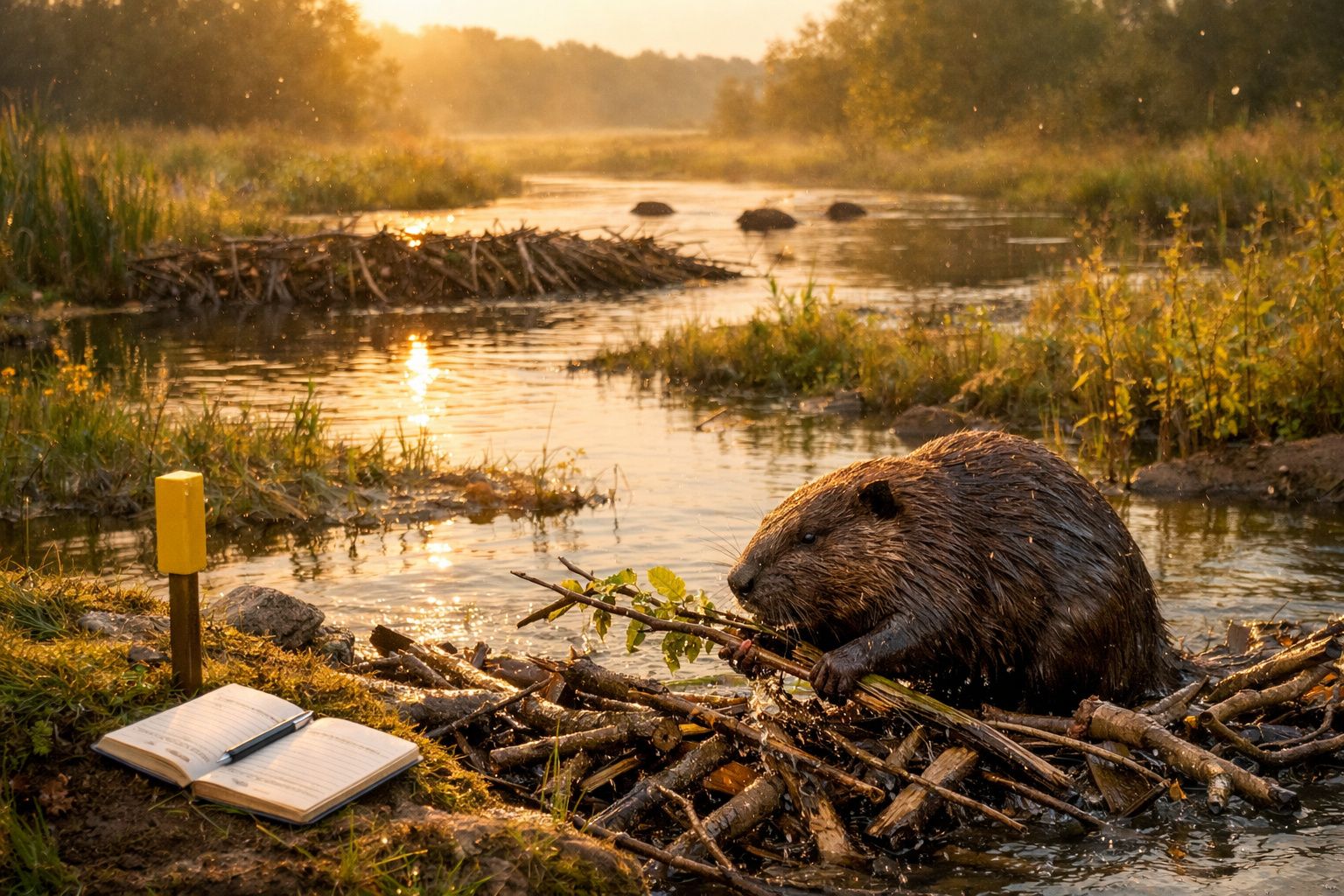 Castor construindo barragem com galhos perto de rio ao pôr do sol, ao lado de caderno aberto com caneta.