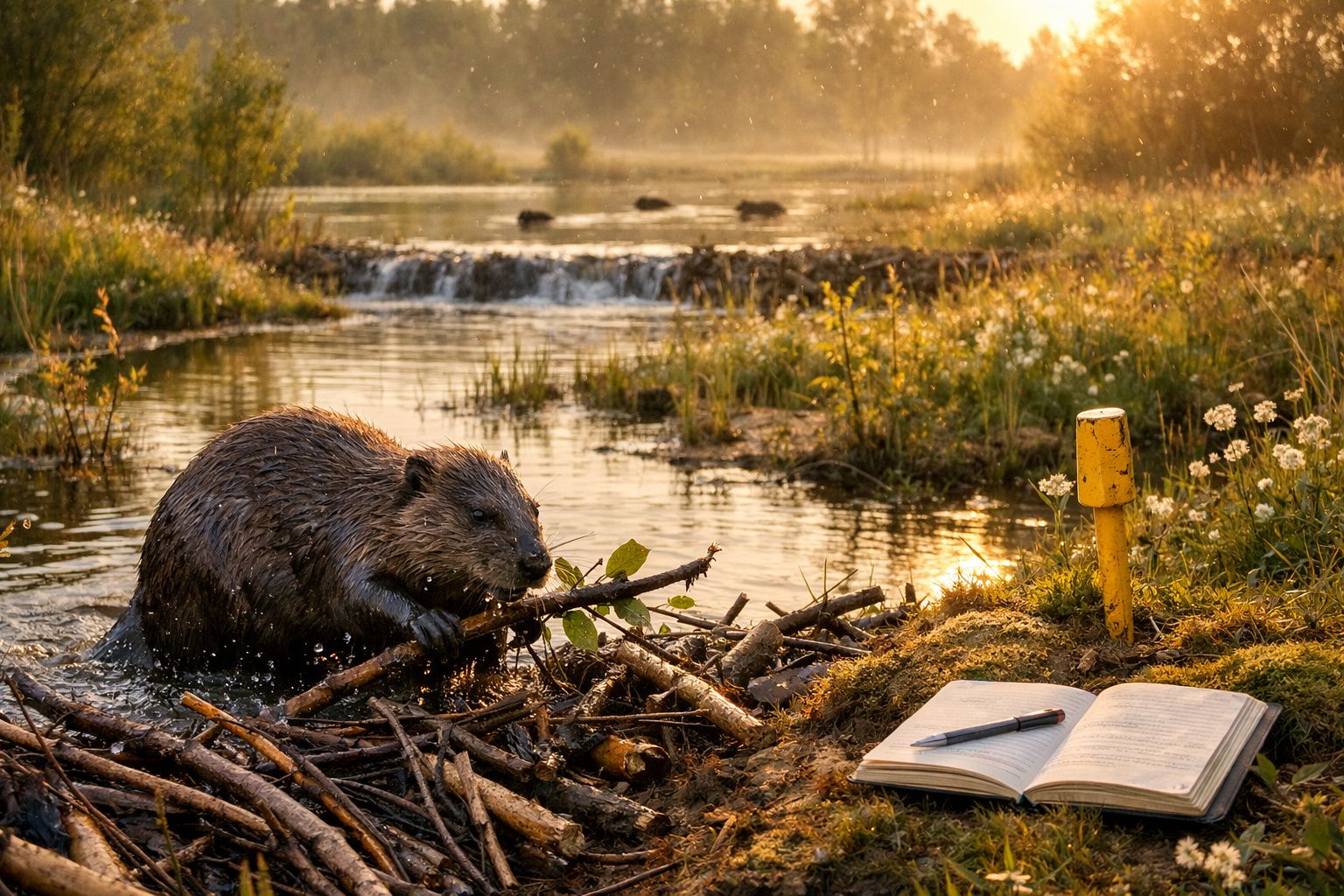 Castor construindo barragem em rio calmo ao pôr do sol, com caderno e caneta no gramado próximo.