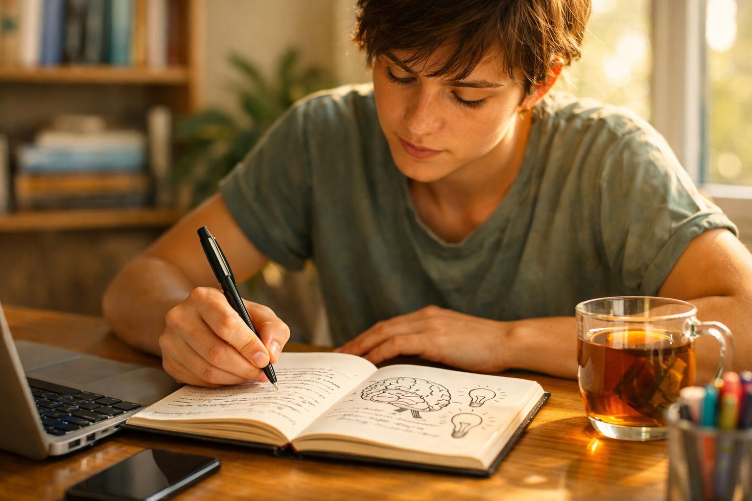 Pessoa escrevendo em caderno com desenhos de cérebro e lâmpadas, ao lado de chá e notebook em mesa iluminada.