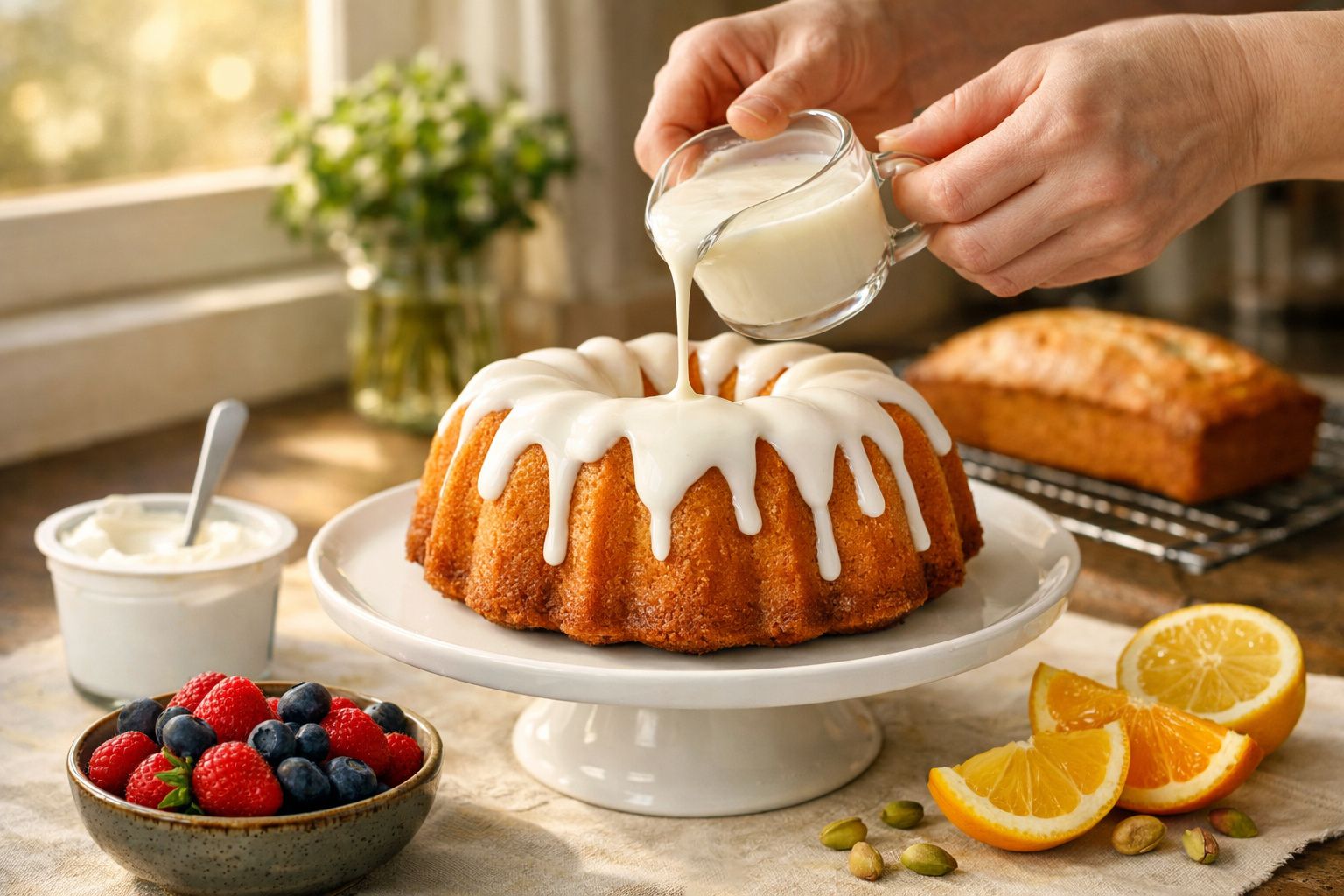 Bolo de fubá com cobertura de leite condensado sendo derramada, frutas vermelhas e fatias de laranja ao lado.
