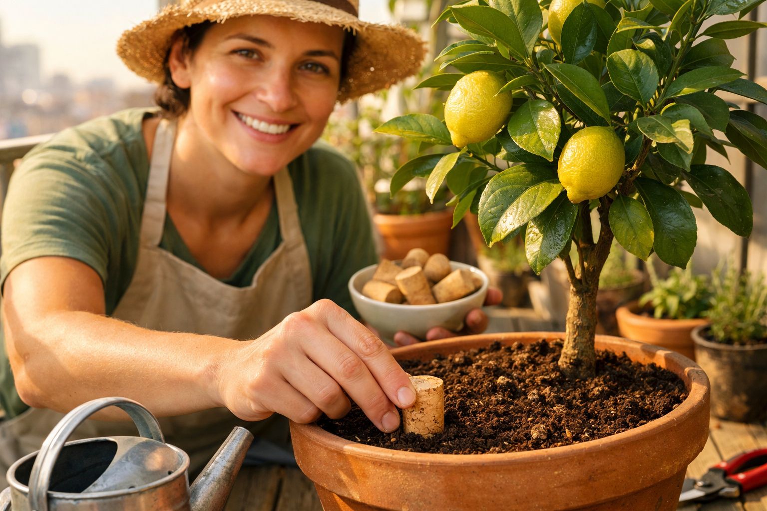 Mulher sorridente com chapéu planta árvore de limão em vaso enquanto usa rolhas para proteger o solo.