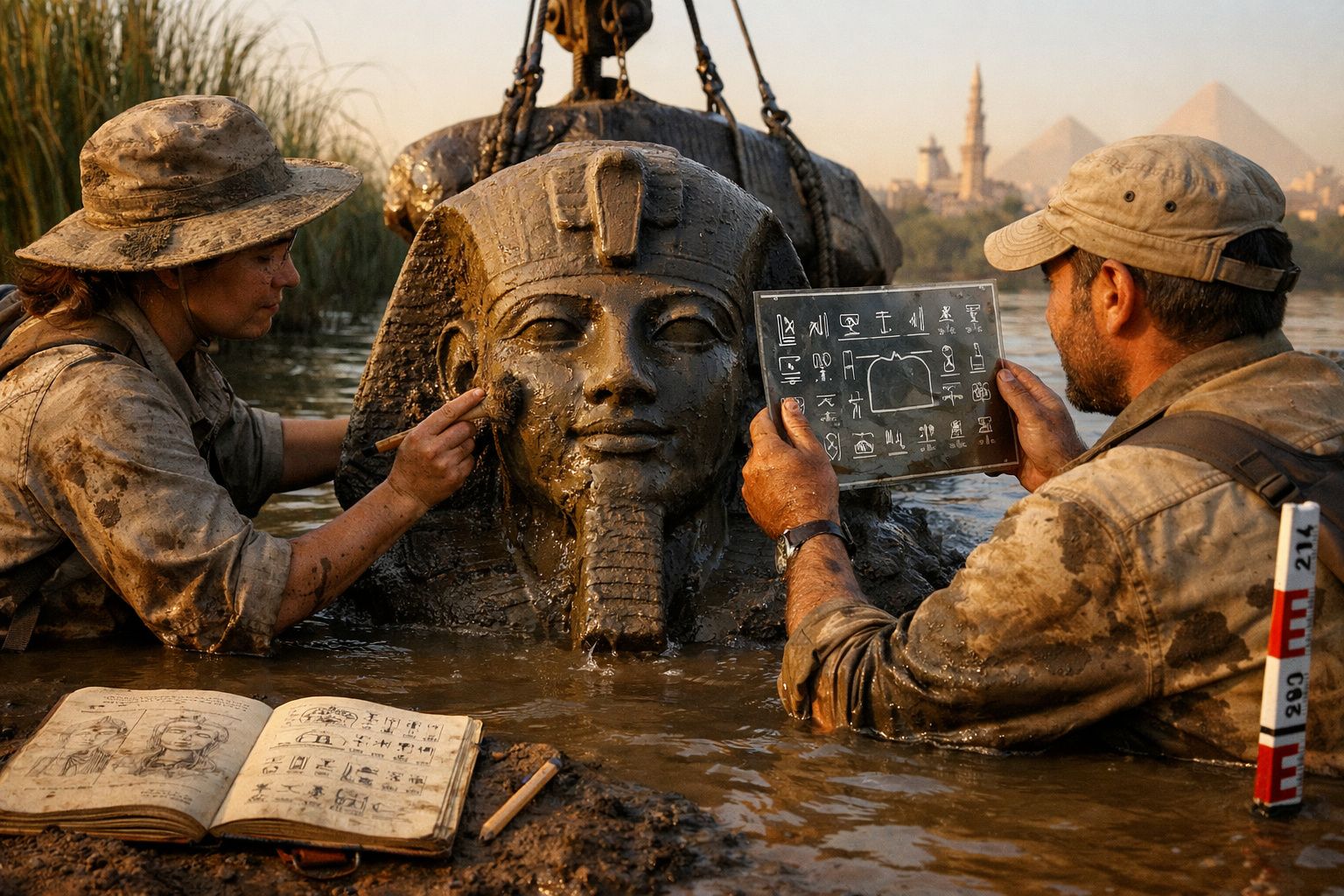 Dois arqueólogos sujos de barro estudam uma estátua egípcia semi-submersa em um rio com pirâmides ao fundo.