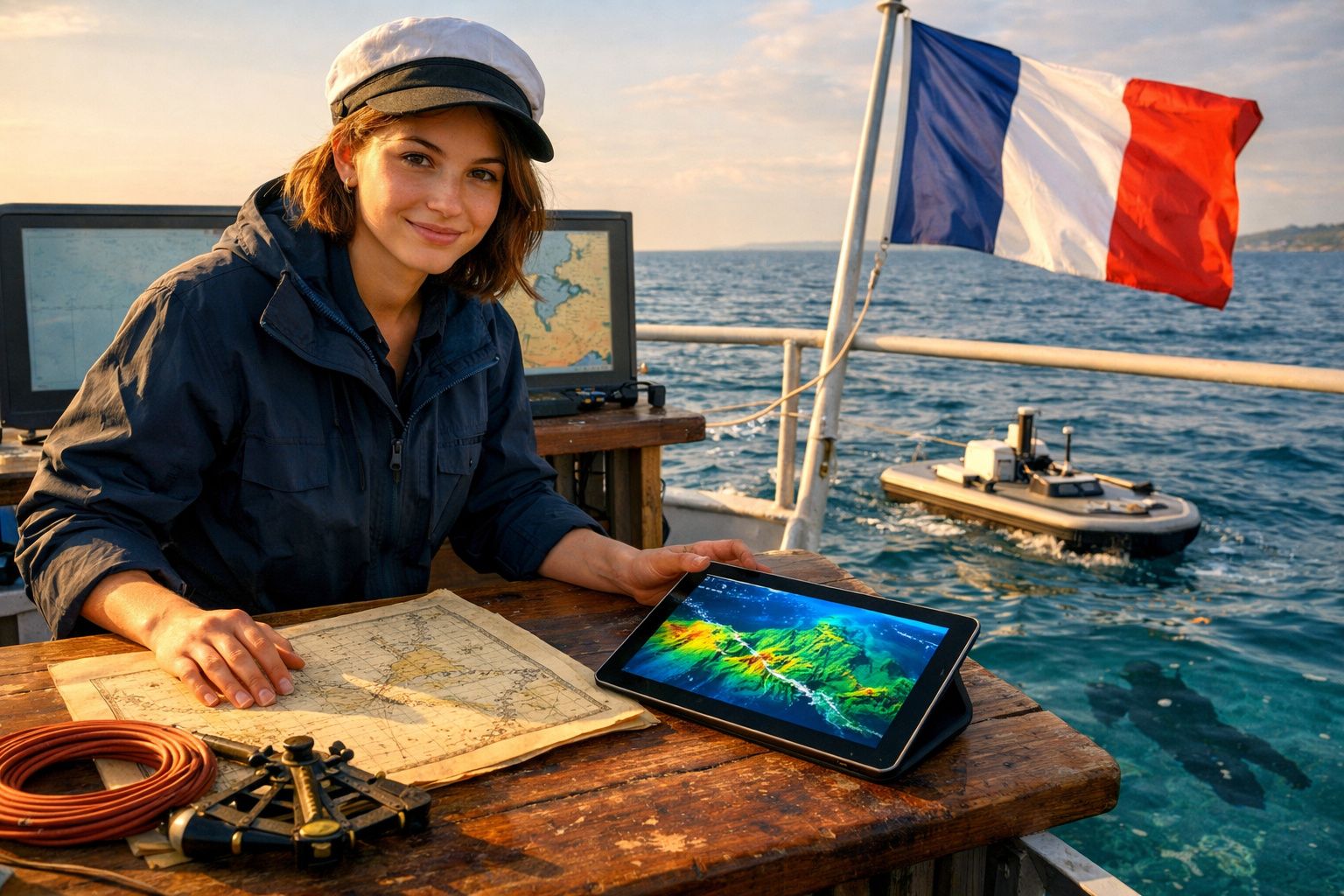 Mulher em barco com mapa e tablet com imagem subaquática, bandeira francesa ao fundo no mar.