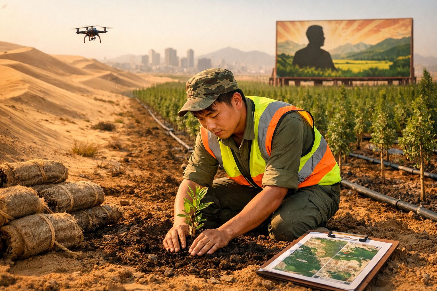 Homem de colete refletivo planta muda em terreno seco com drone voando e mapa ao lado durante o pôr do sol.
