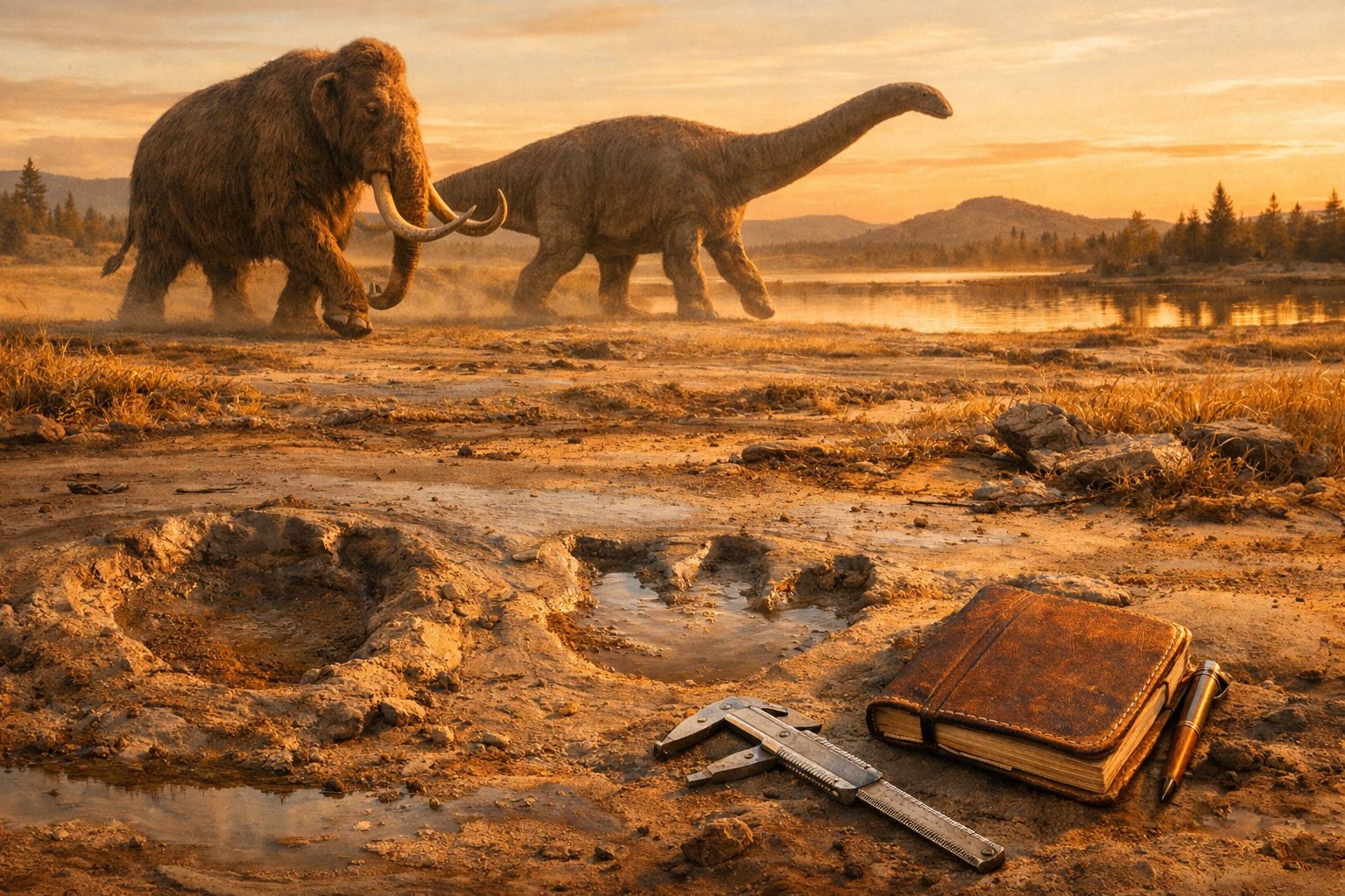 Pegadas pré-históricas na terra com ferramenta, caderno e caneta, e ao fundo um mamute e um dinossauro em pôr do sol.