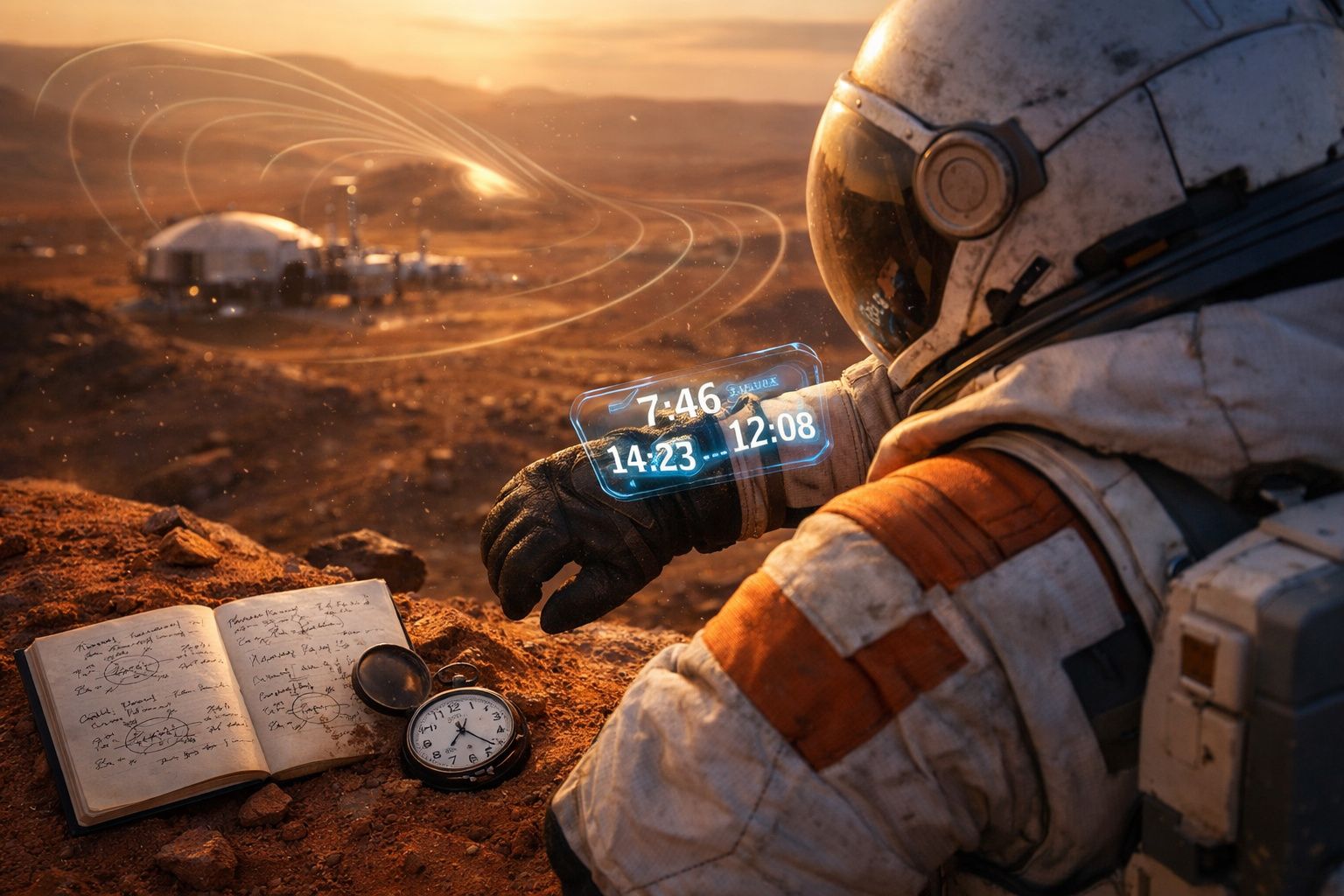 Astronauta em planeta deserto olhando relógio holográfico, com caderno e relógio de bolso ao lado.