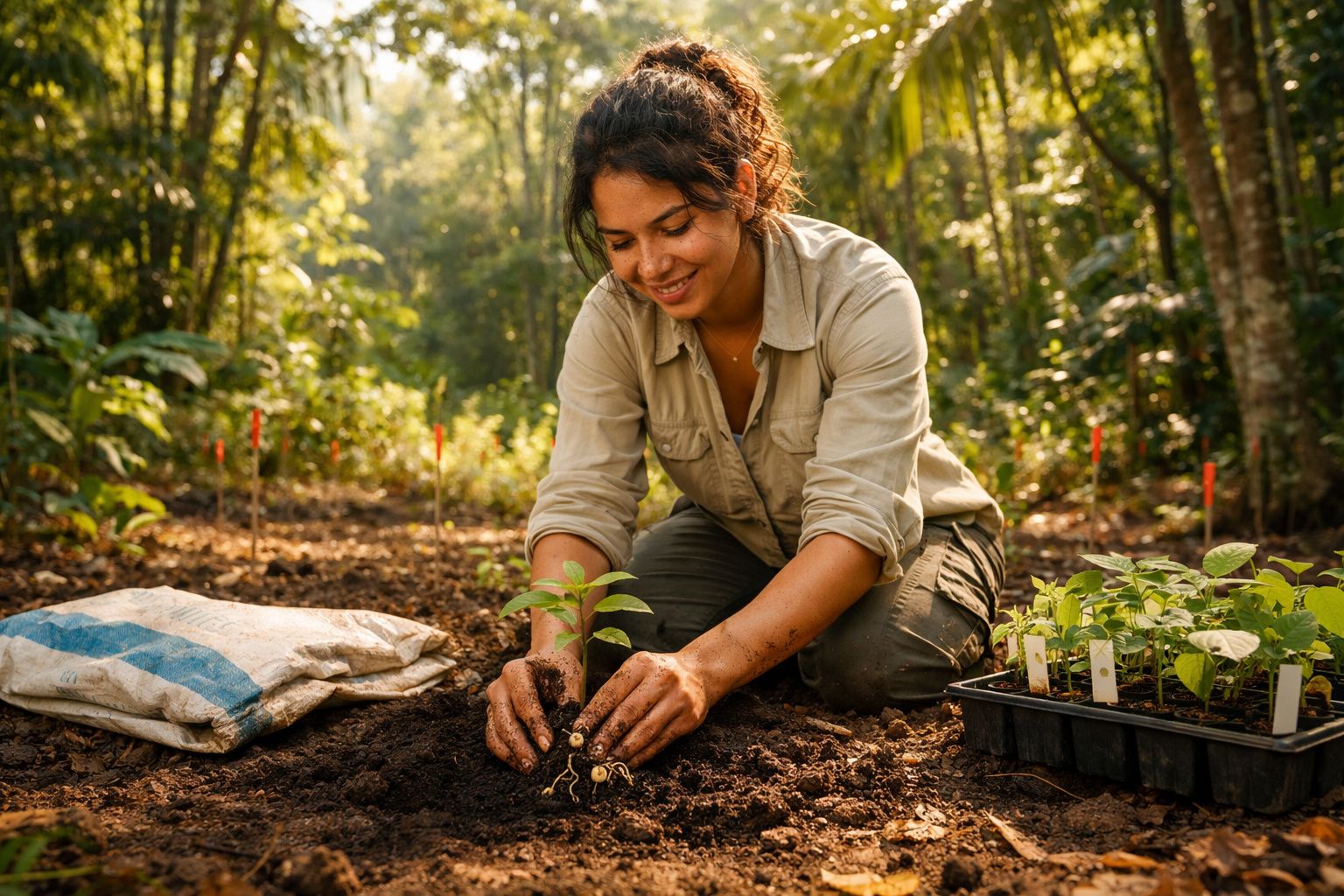Mulher sorridente plantando muda em solo fértil em área de reflorestamento com plantas e sacos ao redor.