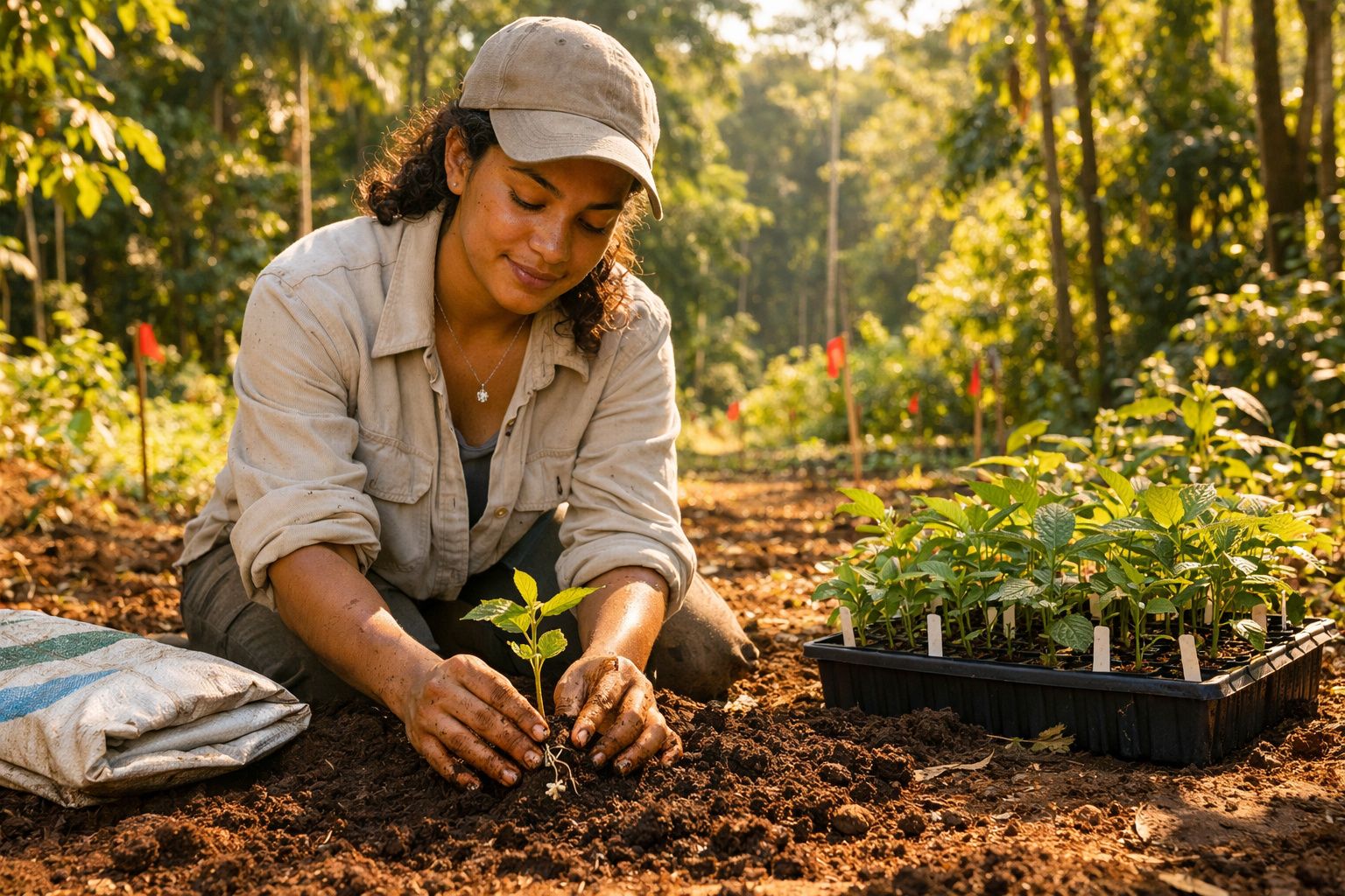 Jovem plantando muda em solo fértil, cercada por vegetação e bandeiras vermelhas ao fundo.