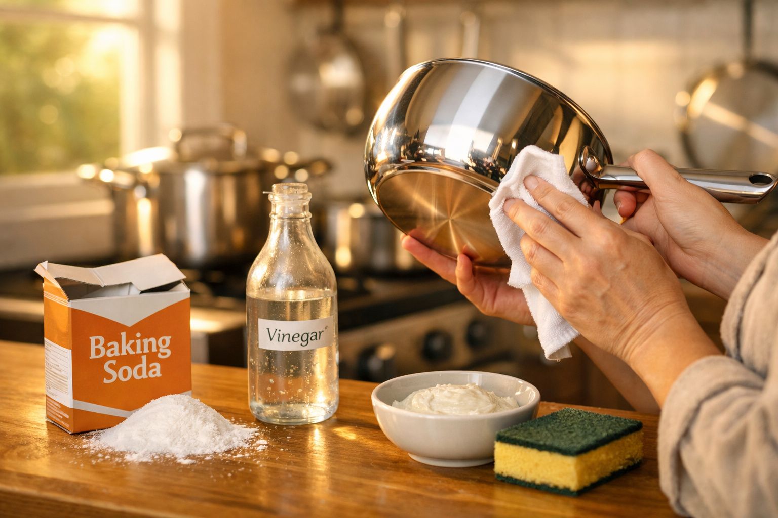 Pessoa limpando panela com pano, com bicarbonato, vinagre, esponja e pote de pasta de limpeza na bancada.