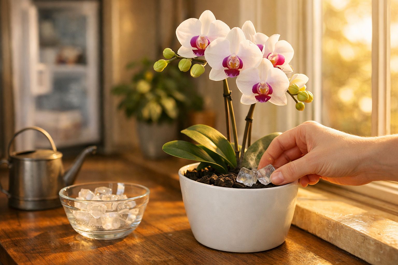 Mão colocando cubos de gelo em vaso com orquídea branca perto de janela em ambiente iluminado.