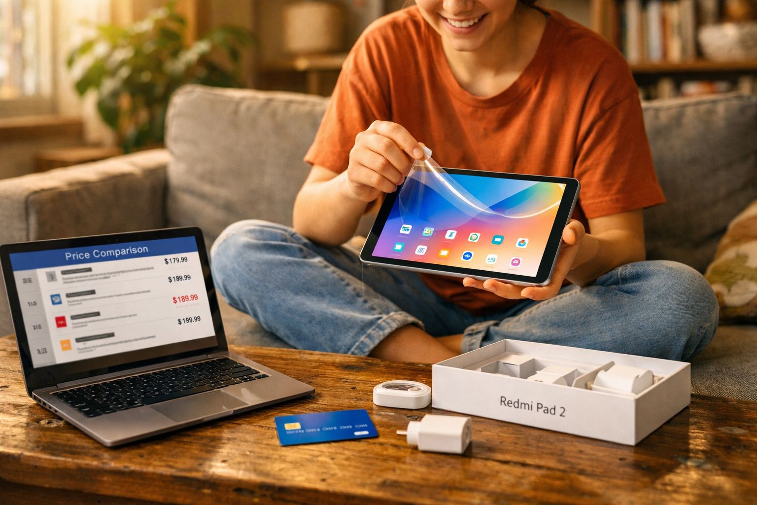 Pessoa segurando tablet Redmi Pad 2 enquanto remove película protetora, com laptop, cartão e acessórios sobre mesa.