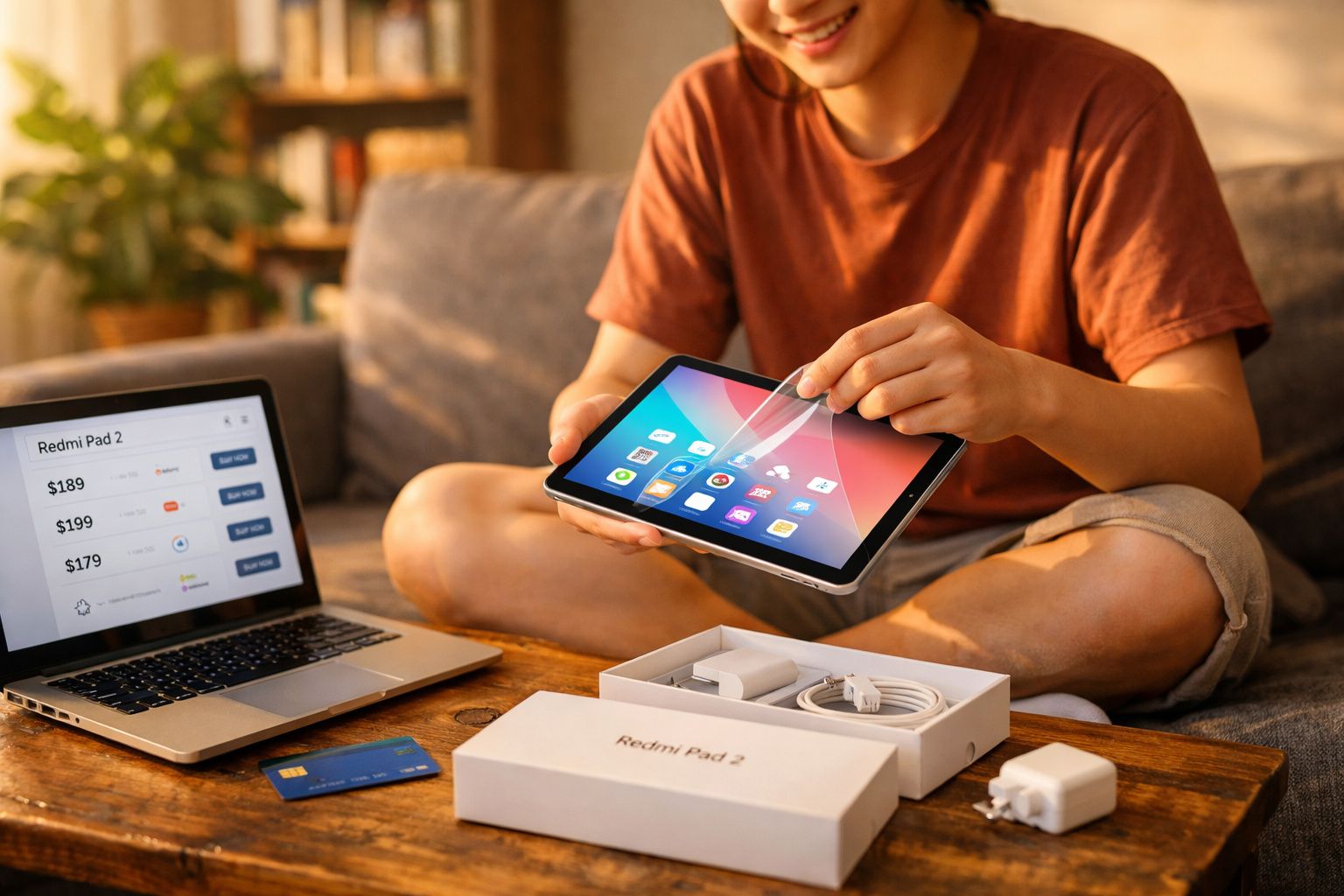 Pessoa removendo o plástico protetor de um tablet Redmi Pad 2, com laptop, cartão e acessórios na mesa.