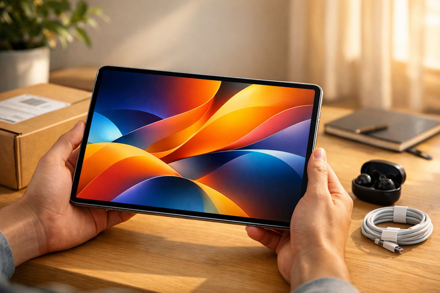 Pessoa segurando tablet com tela colorida em ambiente de mesa de trabalho organizada.