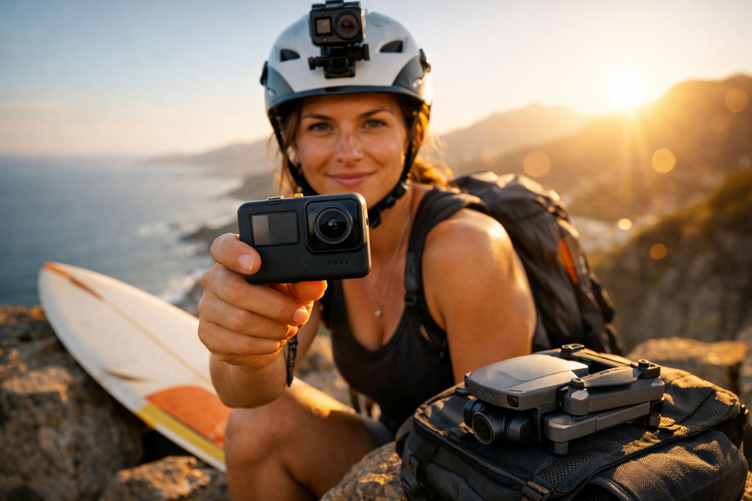 Mulher com capacete segura câmera de ação, com prancha, drone e mar ao fundo ao pôr do sol.