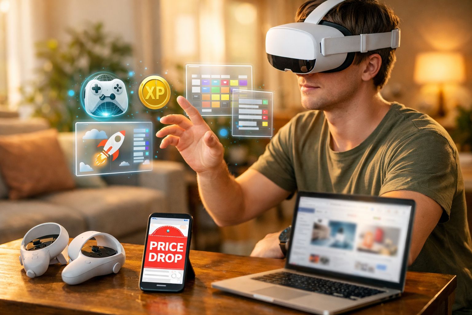 Homem usando óculos de realidade virtual interage com jogos e gráficos holográficos em sala aconchegante.