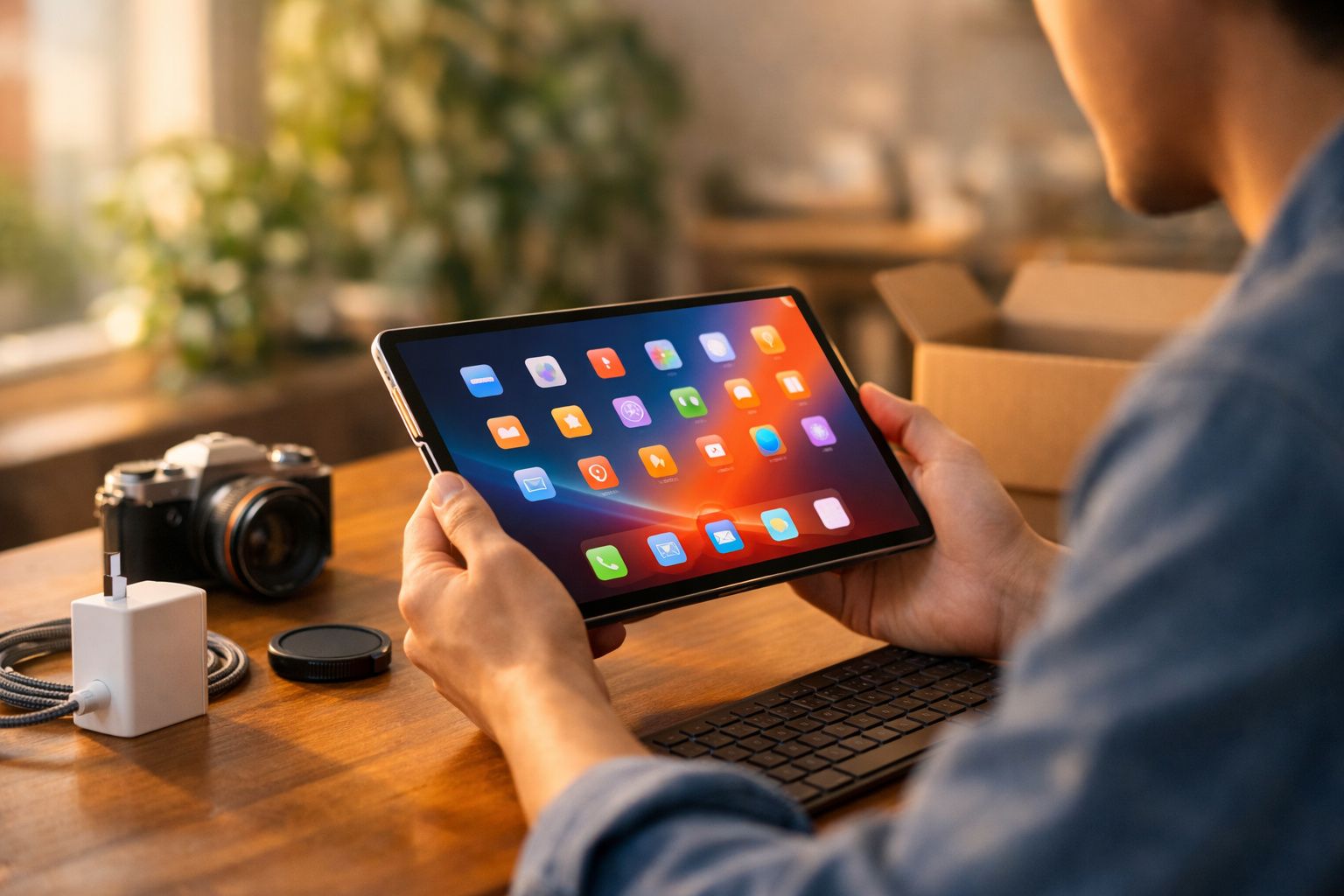 Pessoa segurando tablet com tela exibindo aplicativos coloridos sobre mesa de madeira com câmera e carregador.