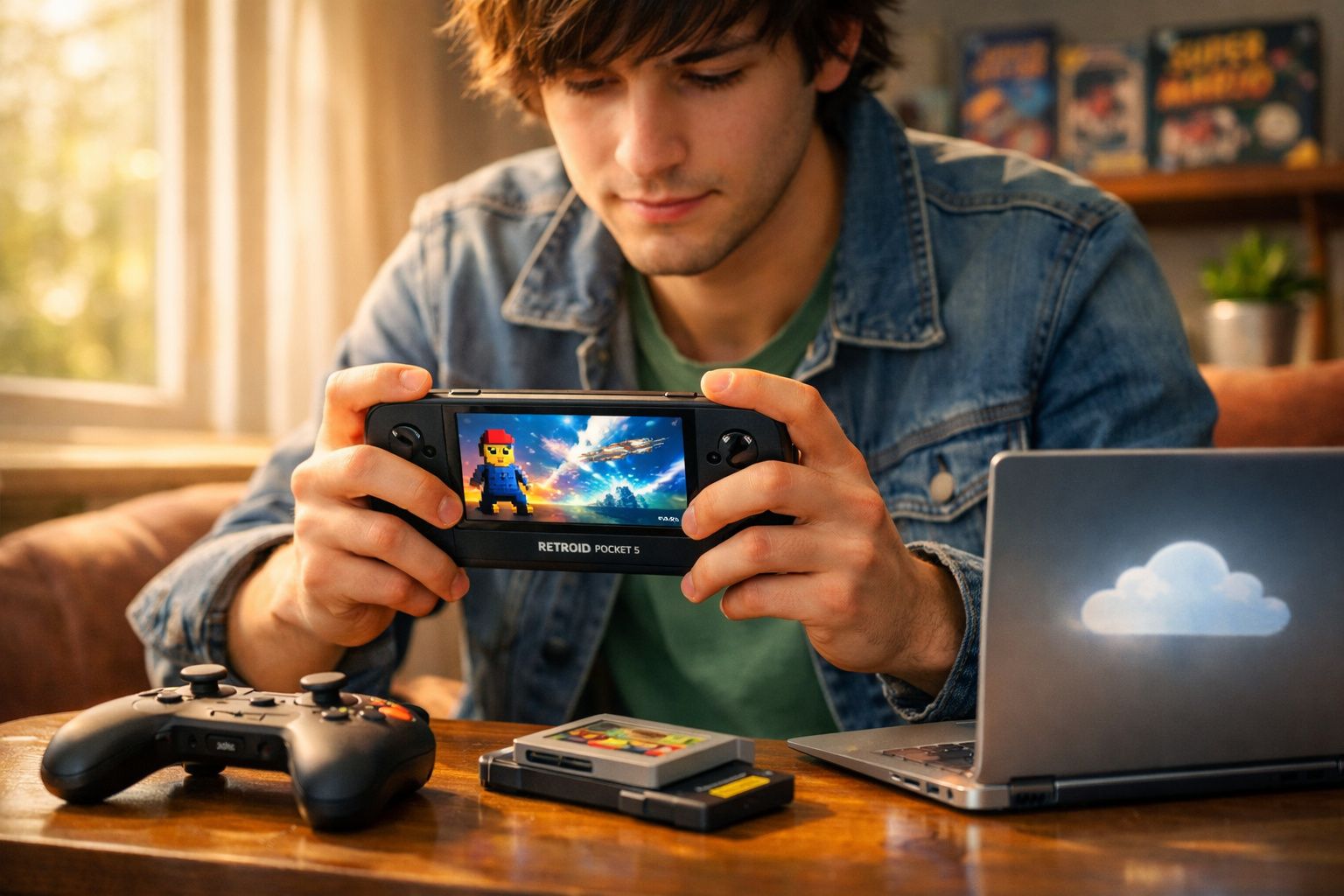 Jovem jogando em console portátil Retroid Pocket 5 em mesa com controle, cartuchos e laptop.