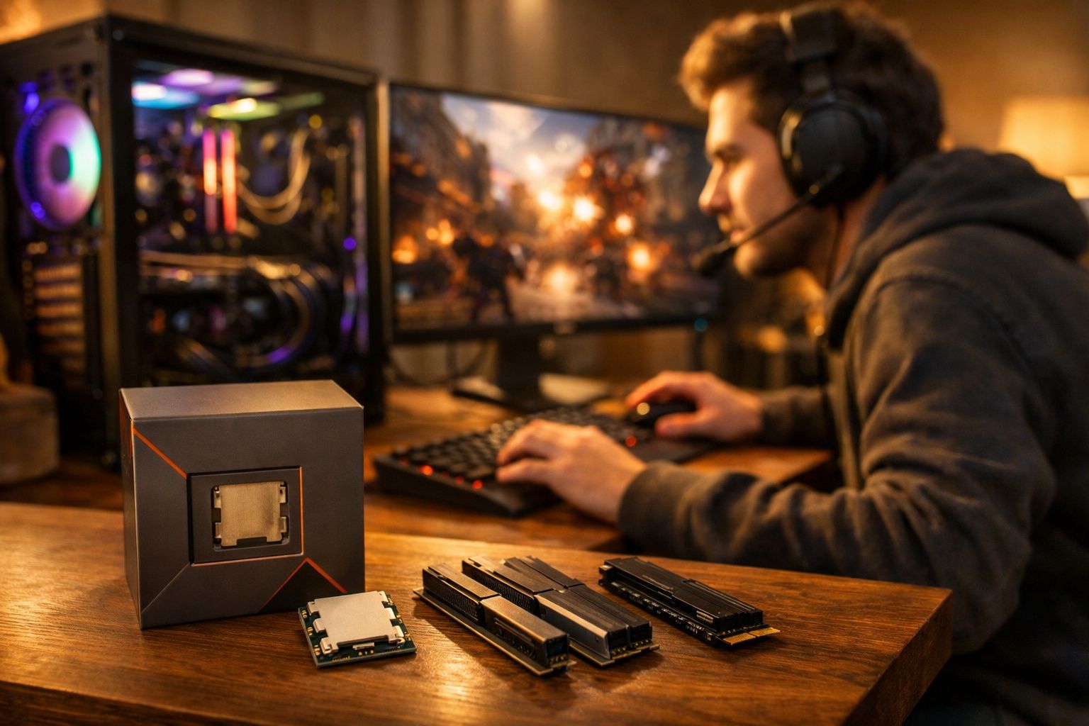 Homem com headset jogando no computador, com processador e memórias RAM sobre a mesa de madeira.