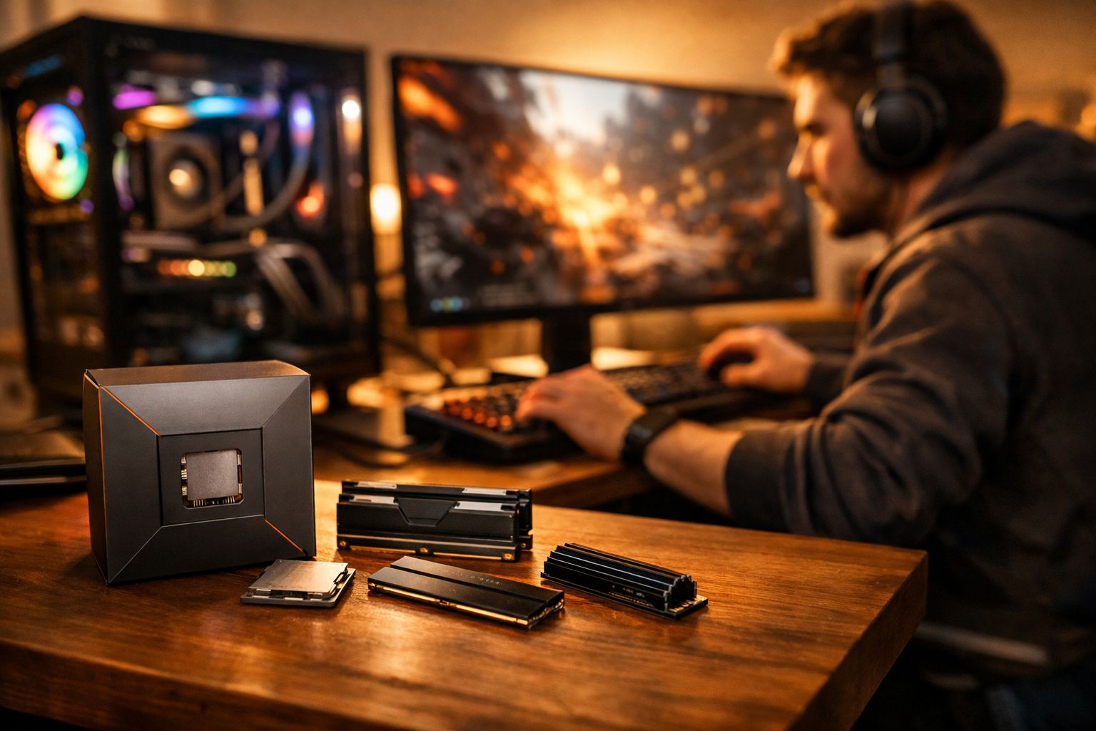 Peças de hardware para computador em mesa, com pessoa usando fone e teclado em fundo desfocado.