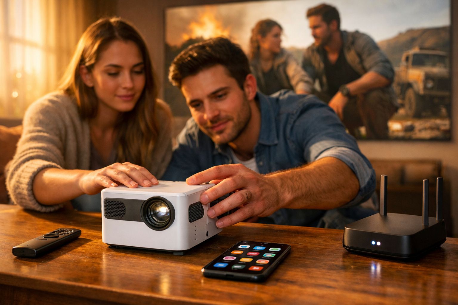 Casal ajusta projetor branco em mesa com controle remoto, smartphone e roteador próximo.
