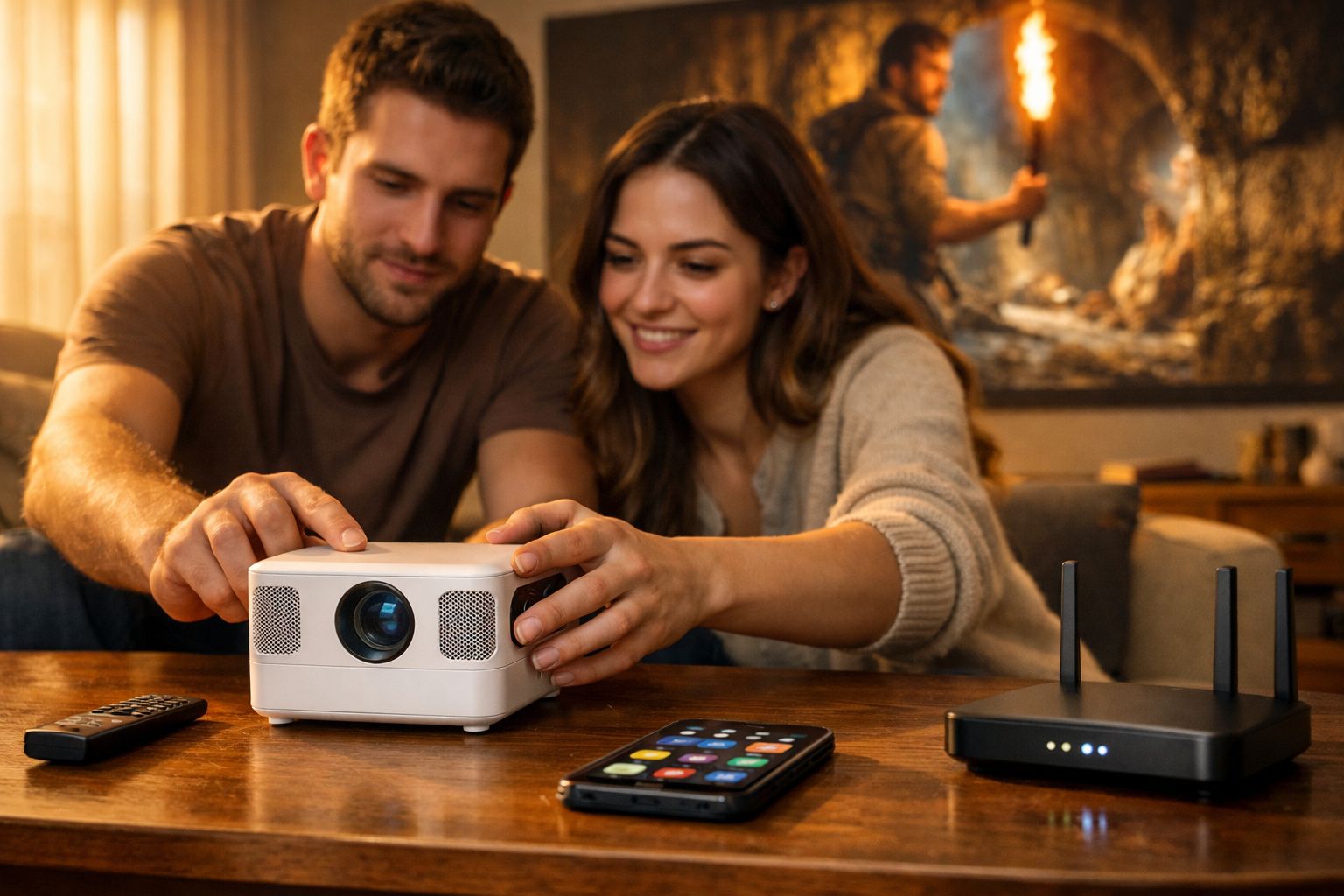 Casal ajusta um projetor branco em uma sala aconchegante com controles e roteador na mesa.
