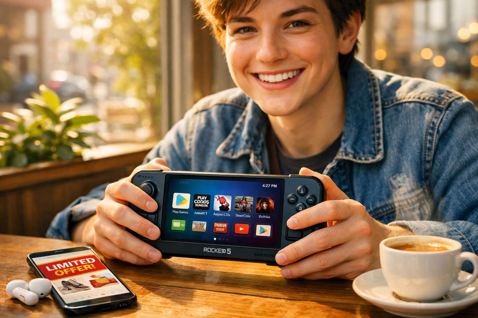 Jovem sorridente segurando console portátil Rocked 5 em café, com celular e xícara de café na mesa.
