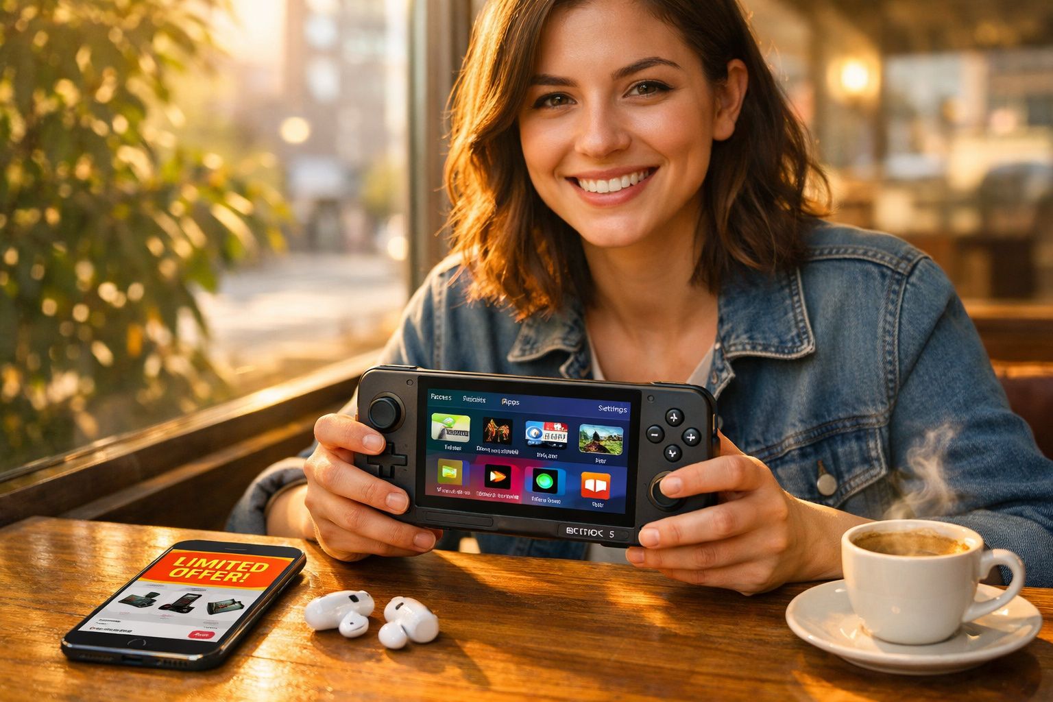 Pessoa sorridente segurando console portátil em mesa com fones, celular e café ao lado em ambiente iluminado