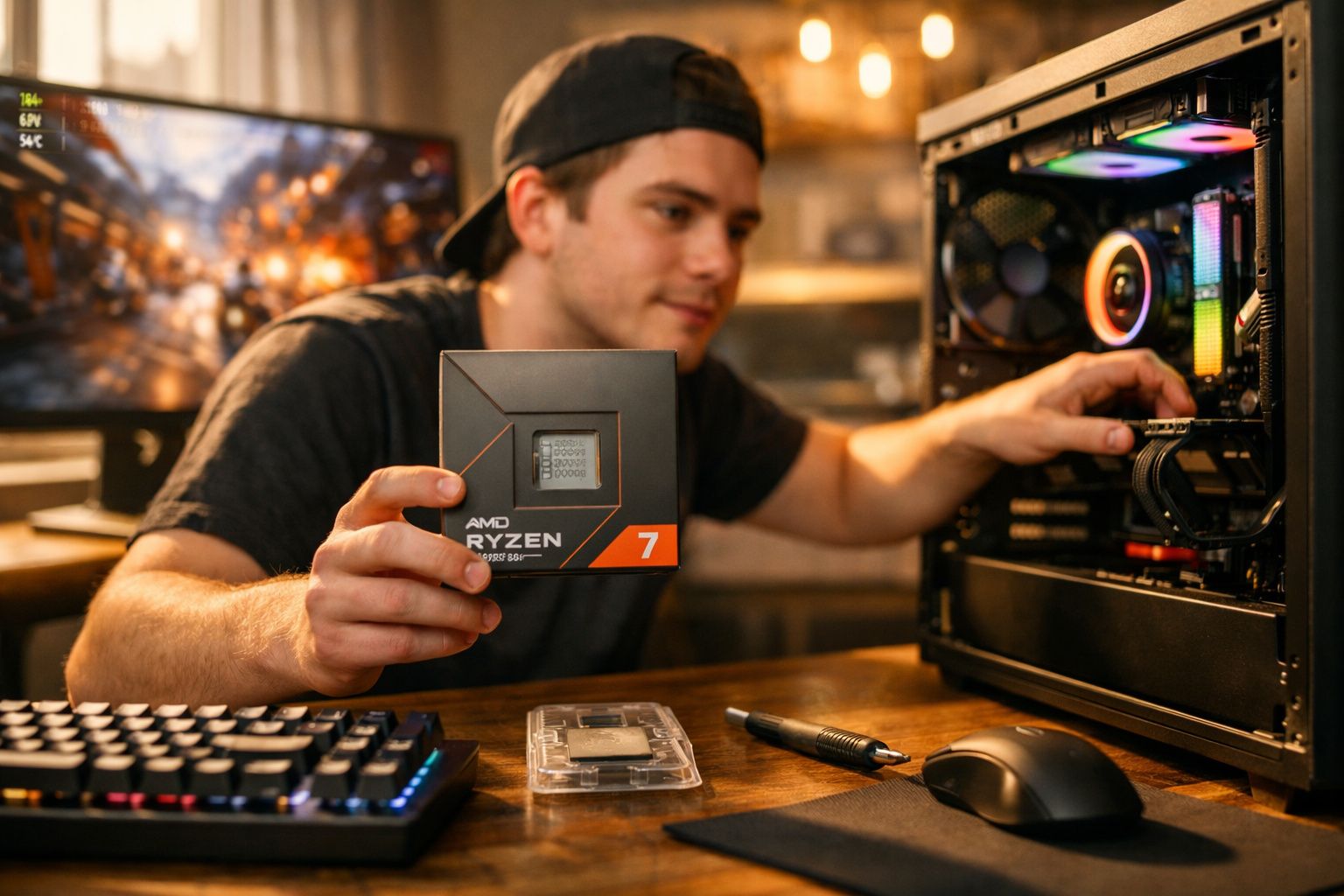 Jovem instalando processador AMD Ryzen 7 em gabinete de computador com teclado e mouse na mesa.